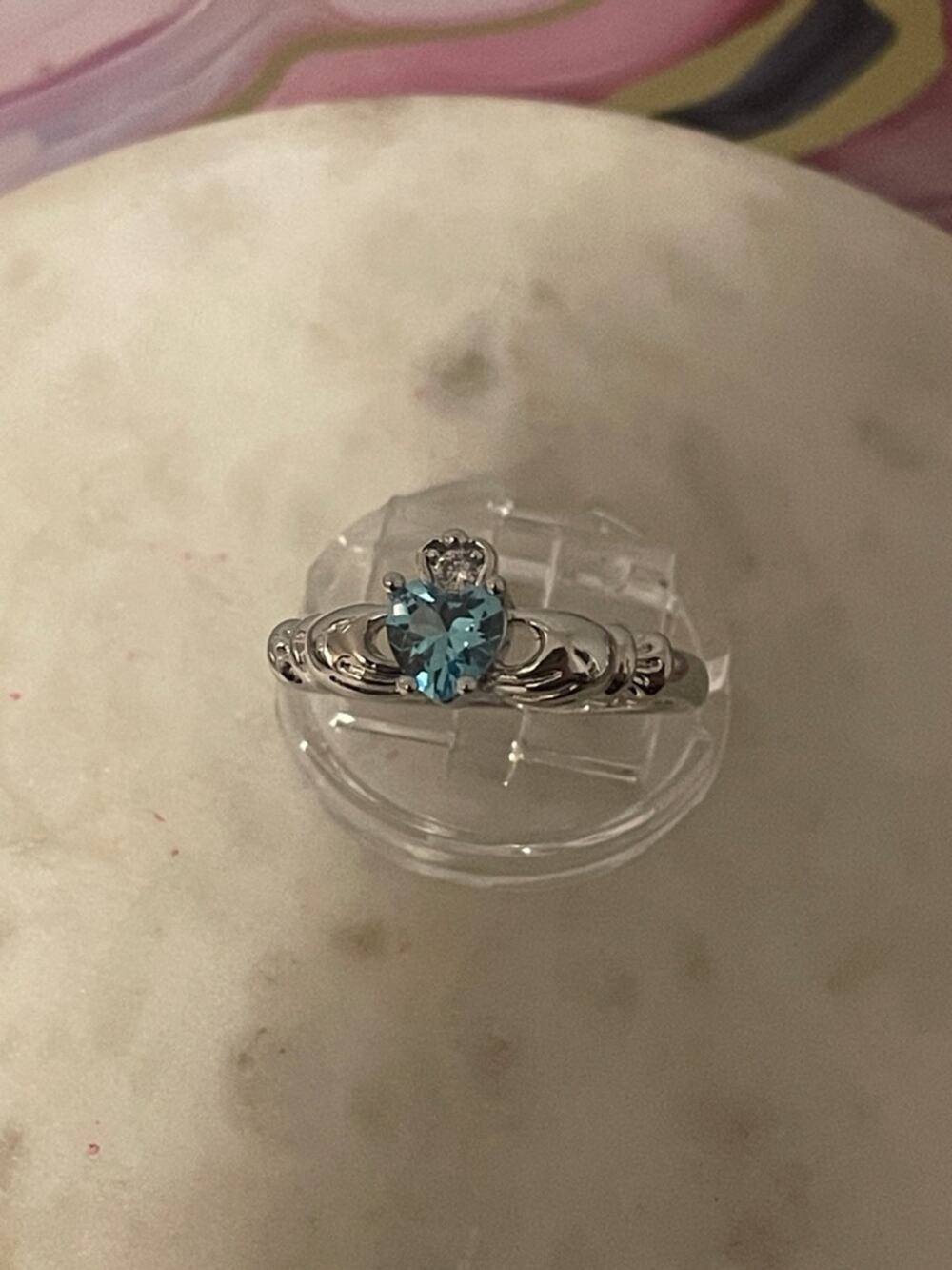 Silver Heart Blue Stone Claddagh Ring size 10